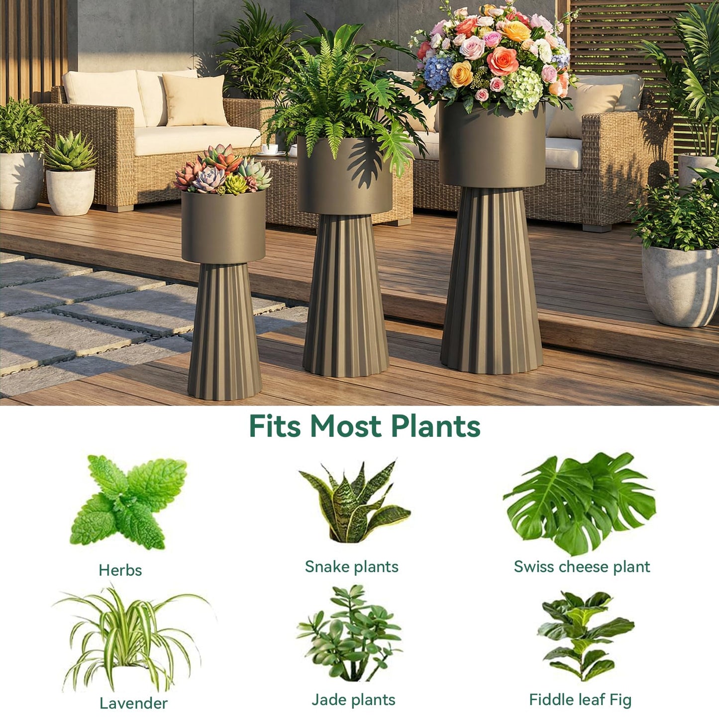 EVLIQUIL Tall Planters, Modern Iron Flower Pots Set of 3, Large Decor Plant Pots, Indoor & Outdoor for Porches, Patios and Courtyards