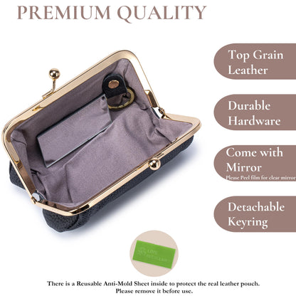 EutDett Lipstick Case with Mirror, Genuine Leather small makup bag for Purse - Kiss Lock Cosmetic Bag Portable Mini Makeup Pouch for Women, Small Travel Makeup Organizer (Brown)