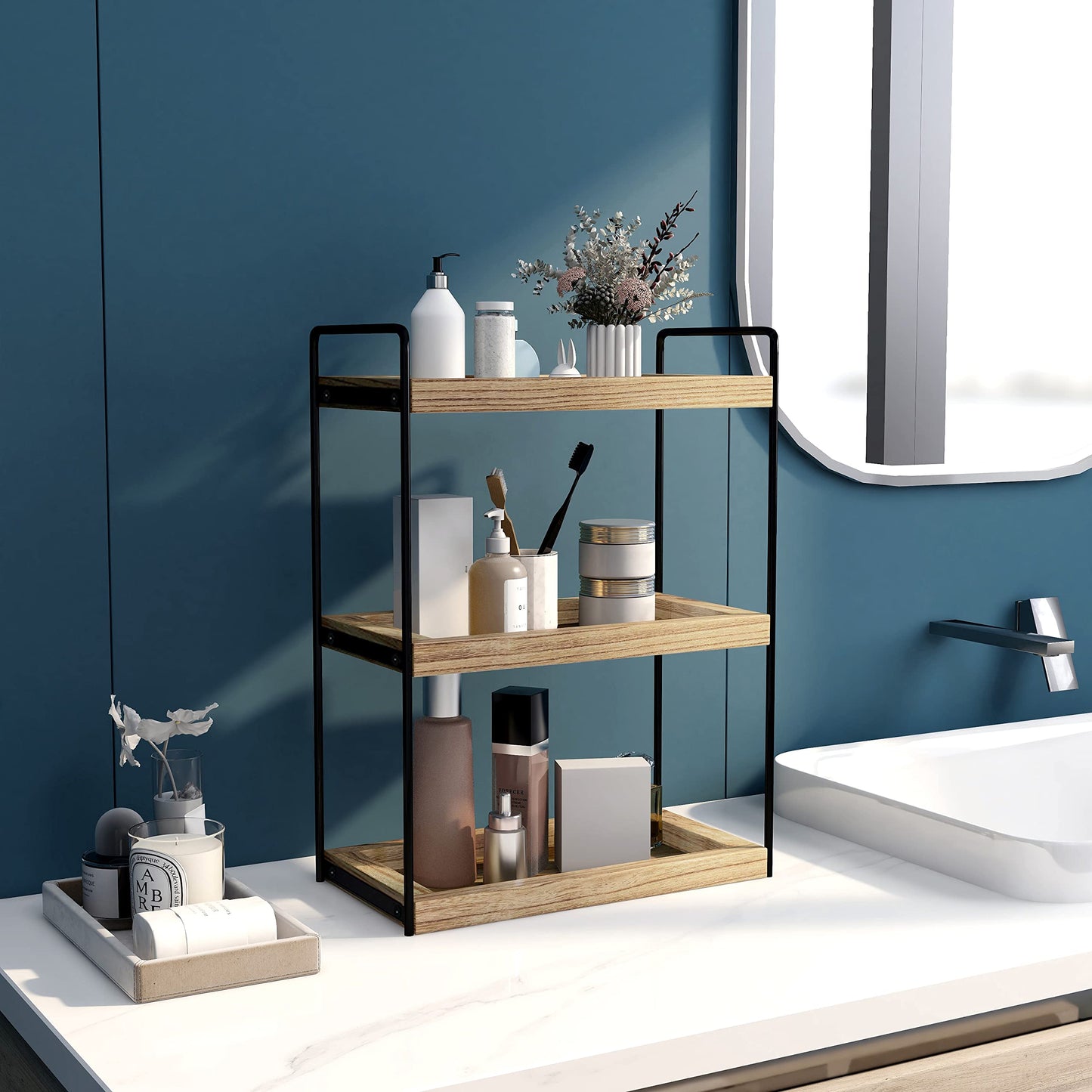 Dorhors 3 Tier Bathroom Counter Organizer,Countertop Bathroom Storage Shelf,Counter Tray and Vanity Organizer (Brown)