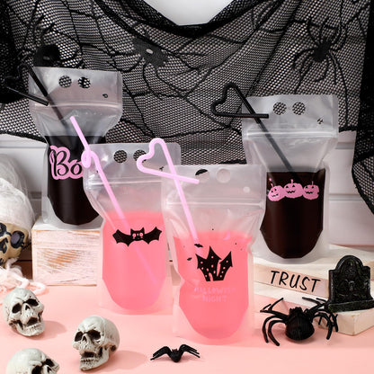Sliner 24 Set Halloween Drink Pouches with Straws for Adults Juice Liquor Pouches Happy Boo Day Pink Black Drink Bags for Adult Teen Stand up Plastic Bags for Halloween Party Favor Props
