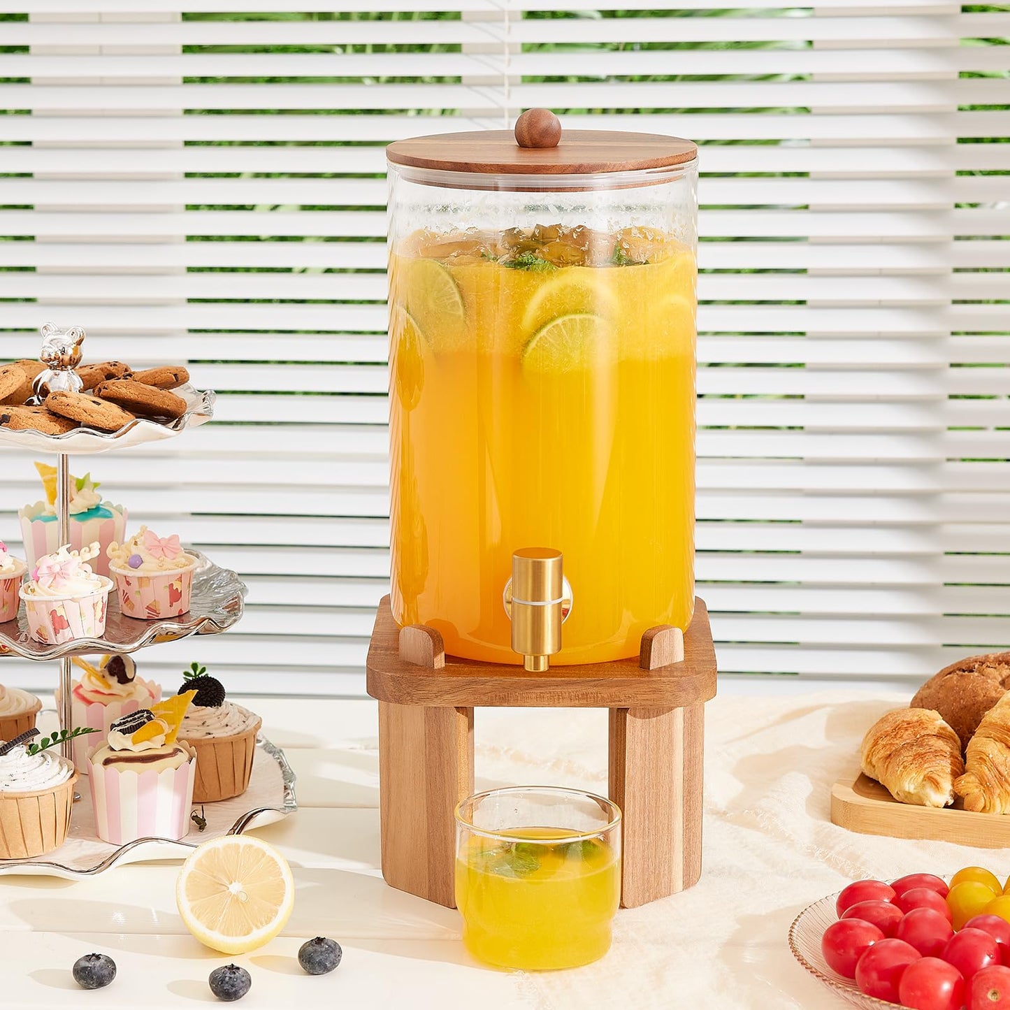 1 Gallon Glass Drink Dispensers: Beverage Dispenser For Parties With Wood Stand, Large Water Drink Dispensers With Stainless Steel Spigot, Ideal for Lemonade,Juice, Tea, and Party Drinks