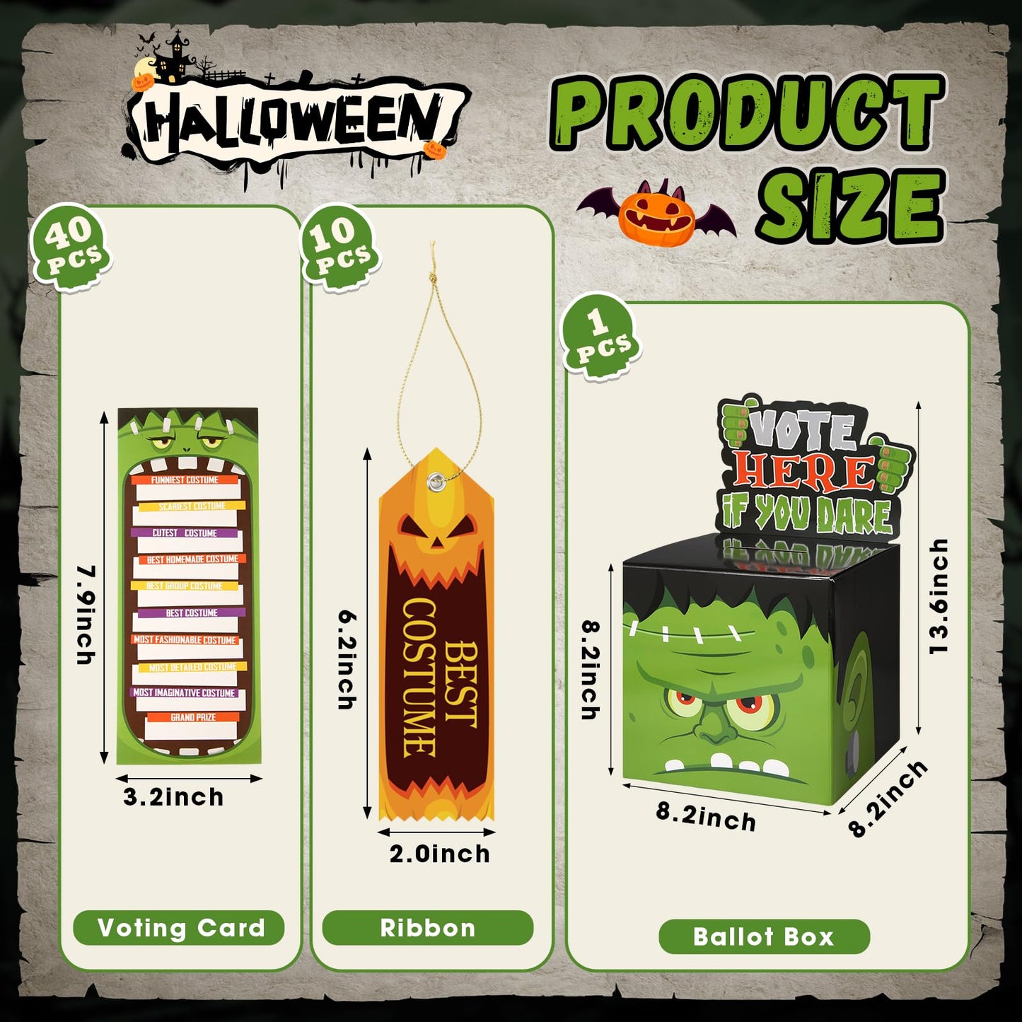 Seenelling 51 Pack Halloween Party Costume Contest Ballot Set Include Halloween Costume Contest Ballot Box, 40 Voting Ballots and 10 Award Ribbons for Cosplay Party(Monster)