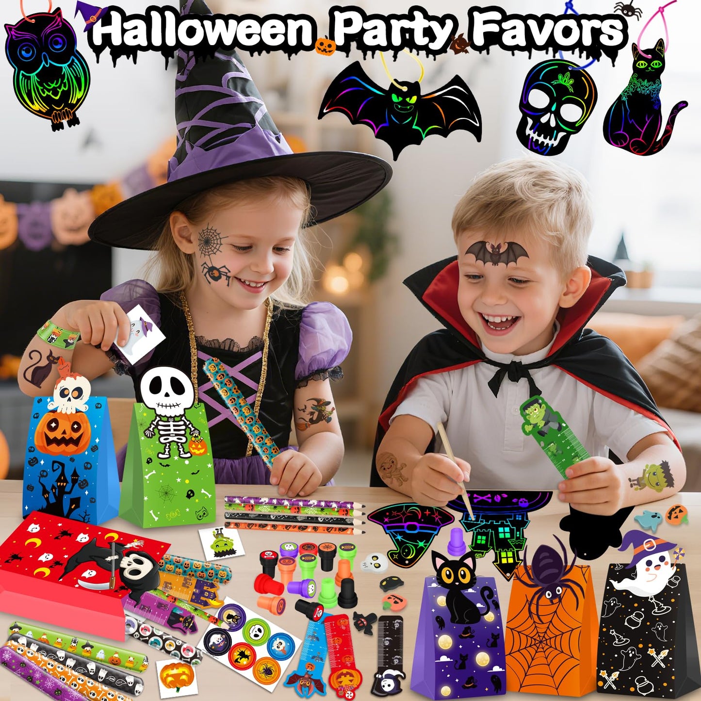 192PCS Halloween Party Favors Gift for Kids, 24 Pack Halloween Stationery Gift Set for Trick or Treat, Goody Bags Fillers Party Supplies for Classroom School Prizes with Erasers, Pencils, Rulers