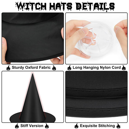 Helimoto 12 PCS Halloween Witch Hats, Black Hanging Witch Hats, Witch Costume Accessories Witches Hat with 328 FT Nylon Cord Wizard Hats Indoor Outdoor Halloween Decorations