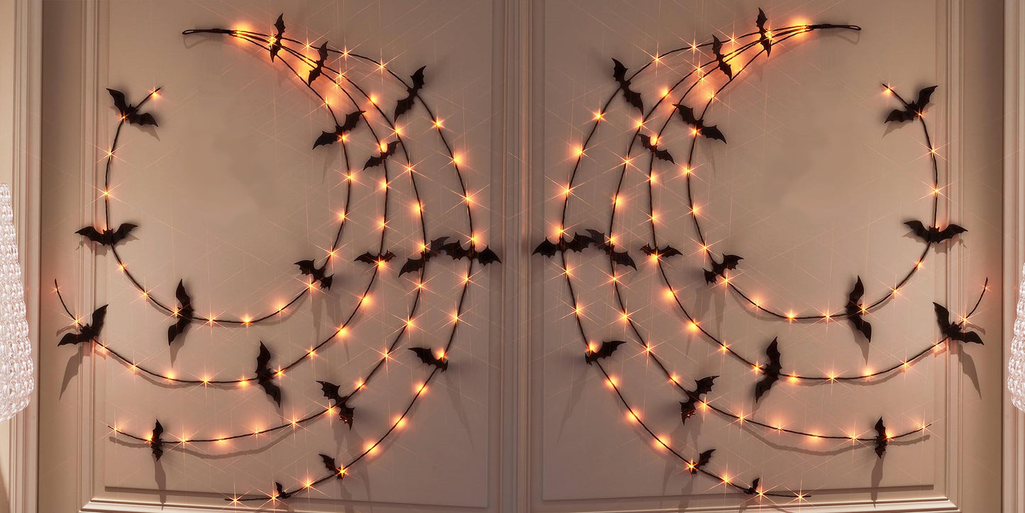 LITBLOOM Halloween Garland with Lights 6FT 80 Orange and Warm White Fairy Lights, Lighted Black Garland Battery Operated with Timer Lit Bats for Wall Porch Decoration (2 Pack)
