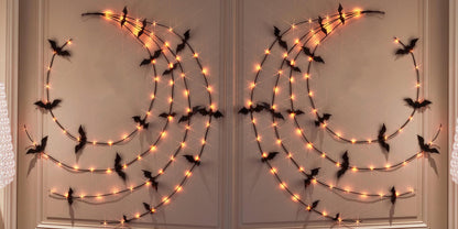LITBLOOM Halloween Garland with Lights 6FT 80 Orange and Warm White Fairy Lights, Lighted Black Garland Battery Operated with Timer Lit Bats for Wall Porch Decoration (2 Pack)