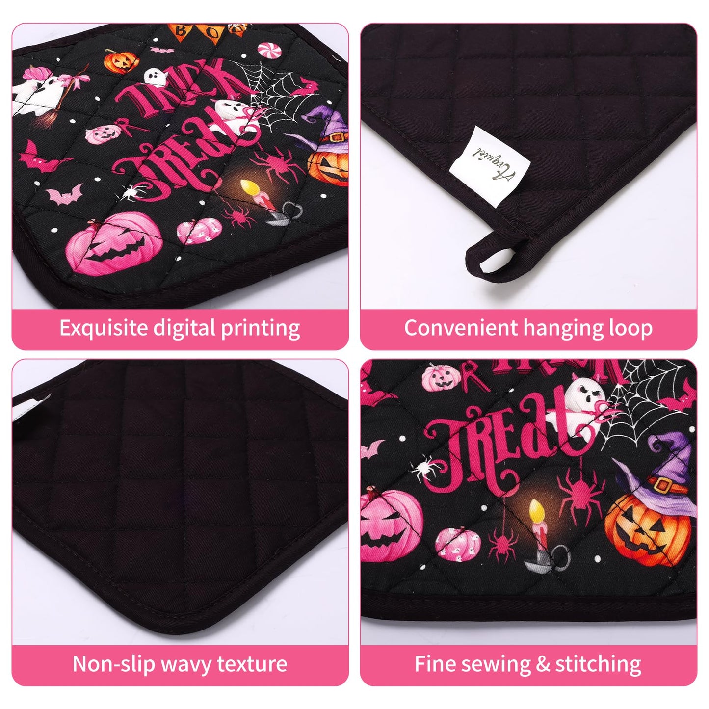 Arquiel Halloween Boo Pink Pumpkin Oven Mitts and Pot Holders Sets 4Pcs, 100% Cotton Heat Resistant, Extra Long Oven Gloves Potholder for Kitchen Cooking Baking Decoration