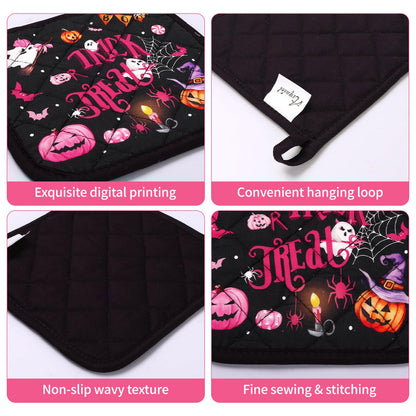 Arquiel Halloween Boo Pink Pumpkin Oven Mitts and Pot Holders Sets 4Pcs, 100% Cotton Heat Resistant, Extra Long Oven Gloves Potholder for Kitchen Cooking Baking Decoration