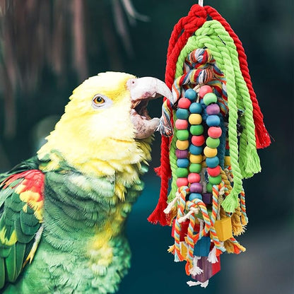 Large Bird Chewing Toys, 21.7 × 5.1 inch Parrot Shredding Wooden Block and Cotton Rope Toys, Cage Accessories for Small to Large Birds Cockatiel Parakeets Lovebirds Conure Macaw African Grey Amazon