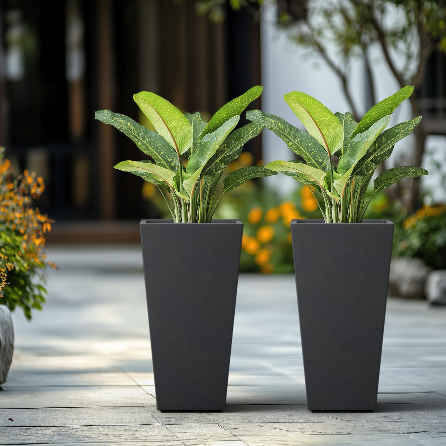 Kante 24.4" H Concrete Tall Tapered Planter Set of 2, Large Outdoor Indoor Garden Plant Pot with Drainage Hole and Rubber Plug Home and Patio, Black Finish