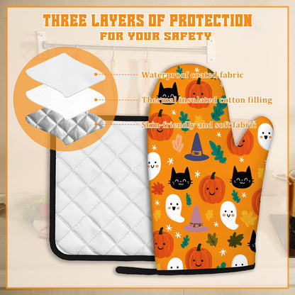 Halloween Pumpkins Oven Mitts and Pot Holders Set,Ghosts Black Cats Kitchen Decor Heat Resistant Non Slip Hot Pads and Oven Mitt for Chef Cooking Baking BBQ Mom Girl Gifts(4 Piece Set)