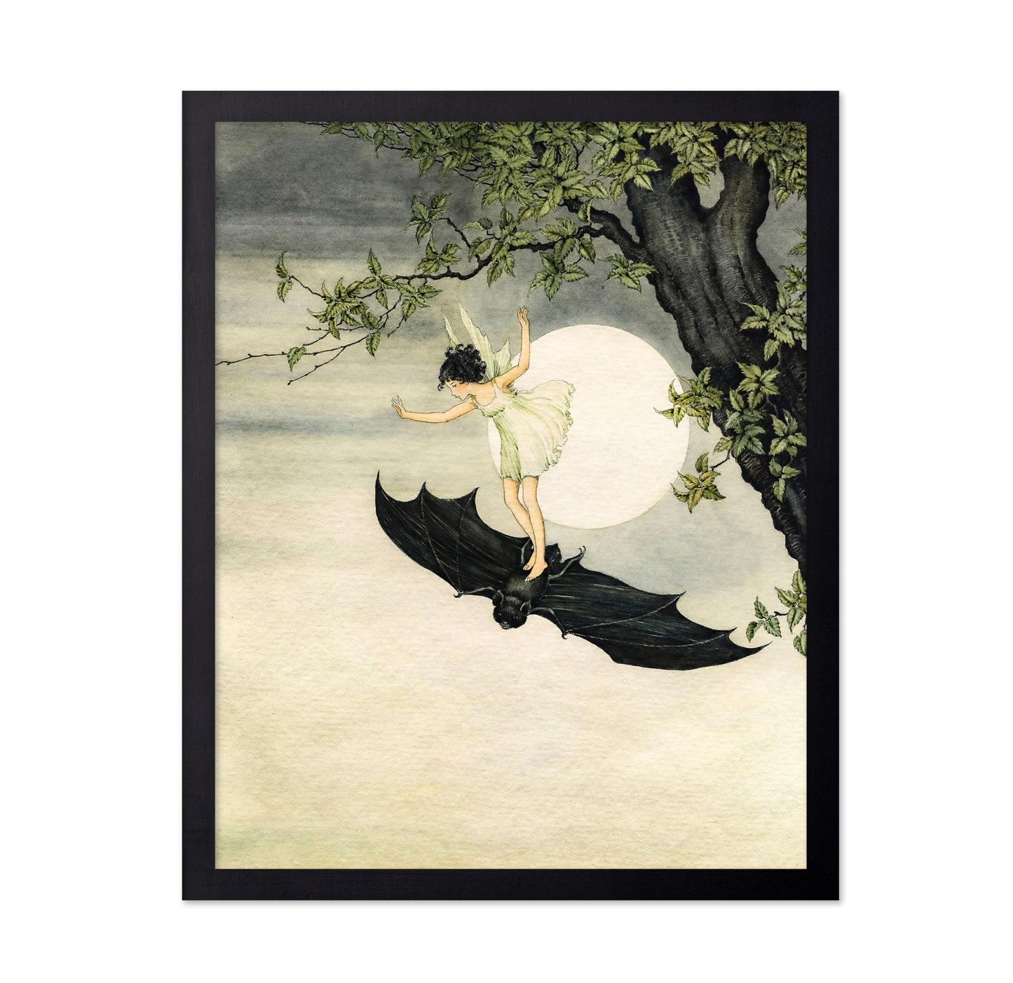 Poster Master Vintage Little Fairy Girl Riding a Bat Poster - Fairytale Print - Mythical Art - Fairy Art - Black Bat Creative - Halloween Showcase - Living Room or Bedroom Display - 8x10 UNFRAMED Wall Display