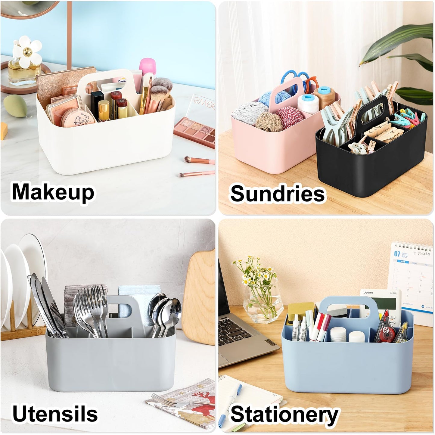 Multiuse Caddy Organizer with Handle, Portable Divided Plastic Tote Bin - Art Craft, Stationary Pen Marker Crayons, Makeup Hair Supplies Storage - Bathroom, Classroom, Dorm, Office, Desk Holder -Black