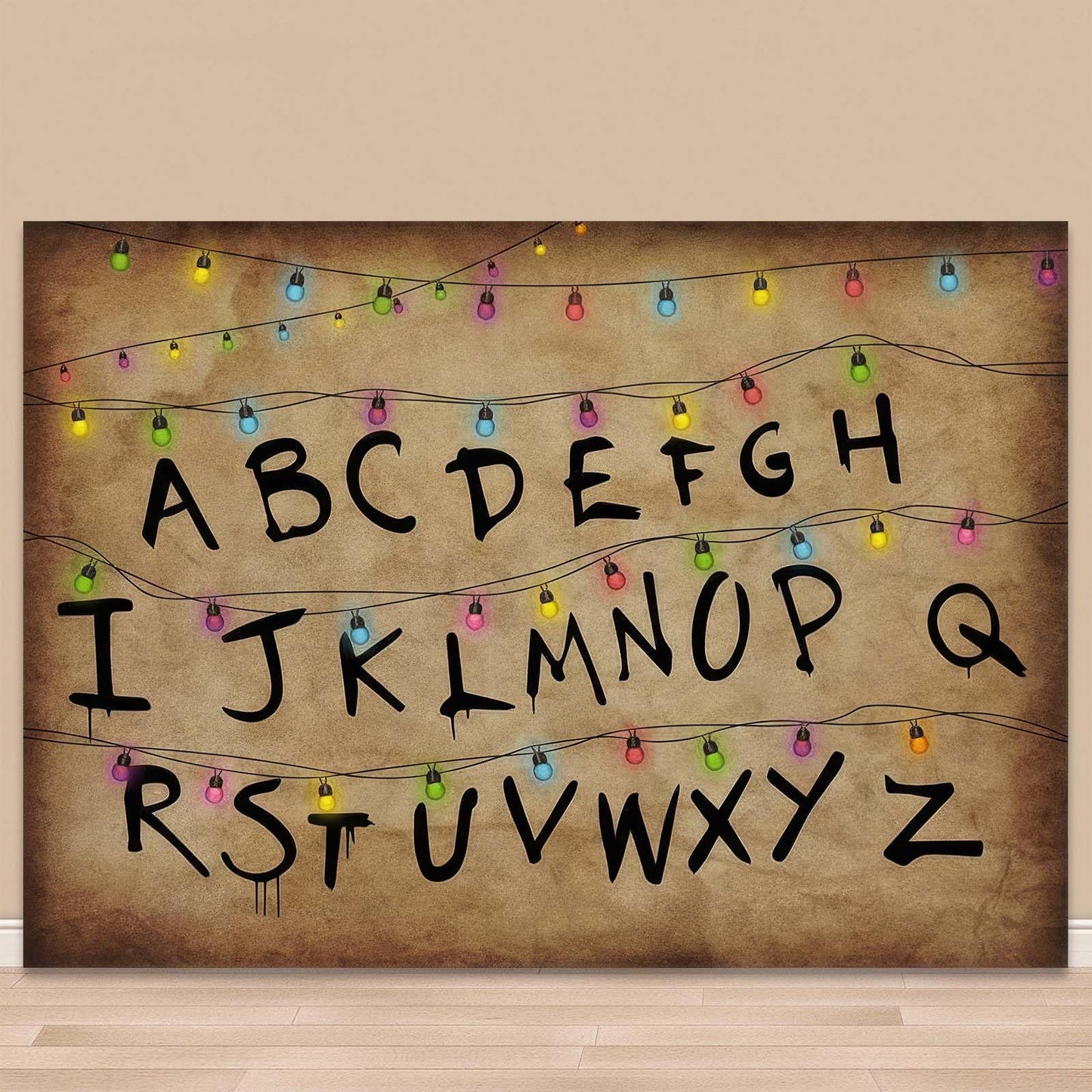 Colourful Light String Rustic Alphabet Backdrop for Halloween Birthday Party Decor Cake Table Banner Photo Booth Props Supplies 7x5FT