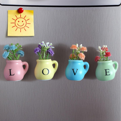 4 Pack Love Ceramic Fridge Magnets with Artificial Flowers, Miniature Magnetic Vases for Refrigerator Decor, Gift for Mom, Anniversaries and Housewarming