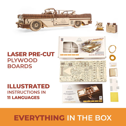 UGEARS Dream Cabriolet VM-05 Wooden 3D Puzzles for Adults - 3D Wooden Puzzles for Adults - Mechanical Model Car Kit - Retro 1950s Inspired DIY Craft, 3D Puzzle