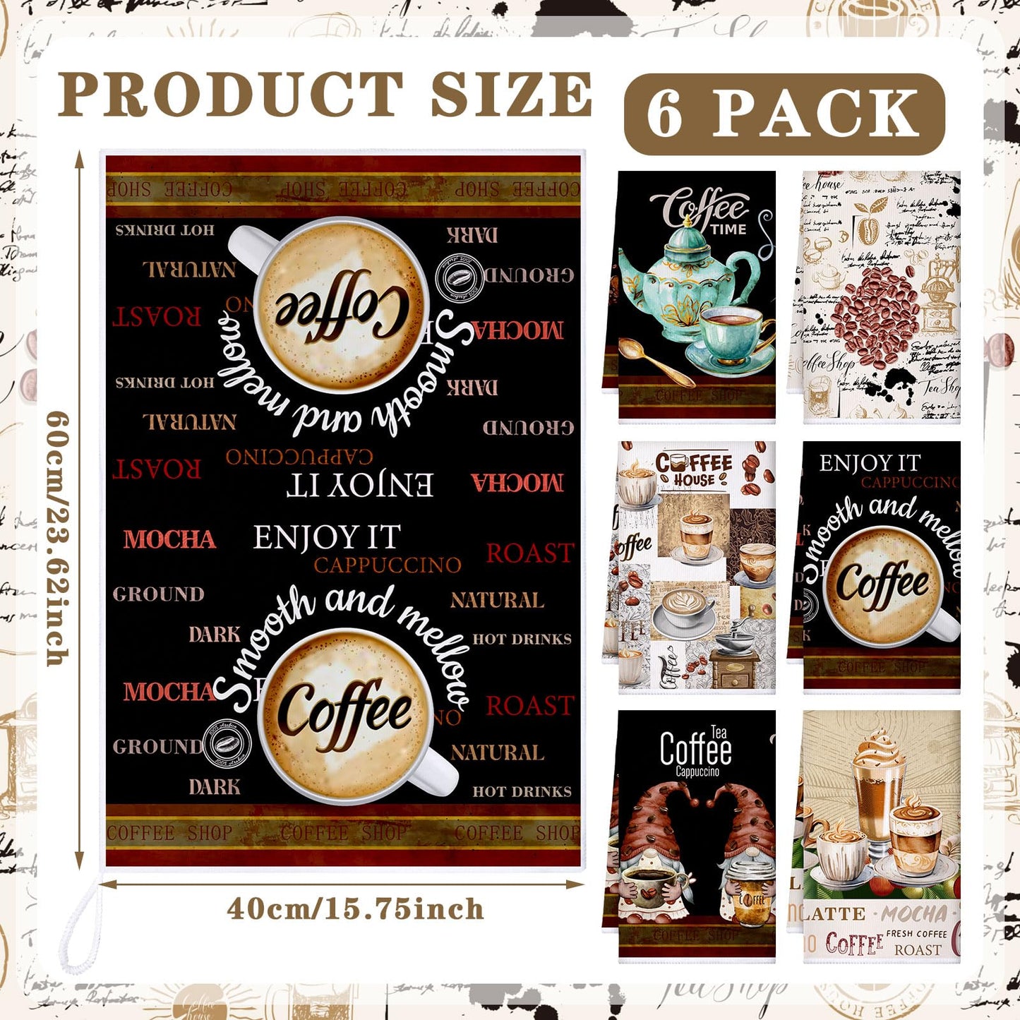 Ferraycle 6 Pcs Coffee Kitchen Towels, Absorbent Dish Towels 24 x 16 Inches, Dish Cloths, Kitchen Decorative Hand Cloths, Gifts for Cooking Baking Bathroom Bar Farmhouse(Black and Brown,Coffee Gnomes)