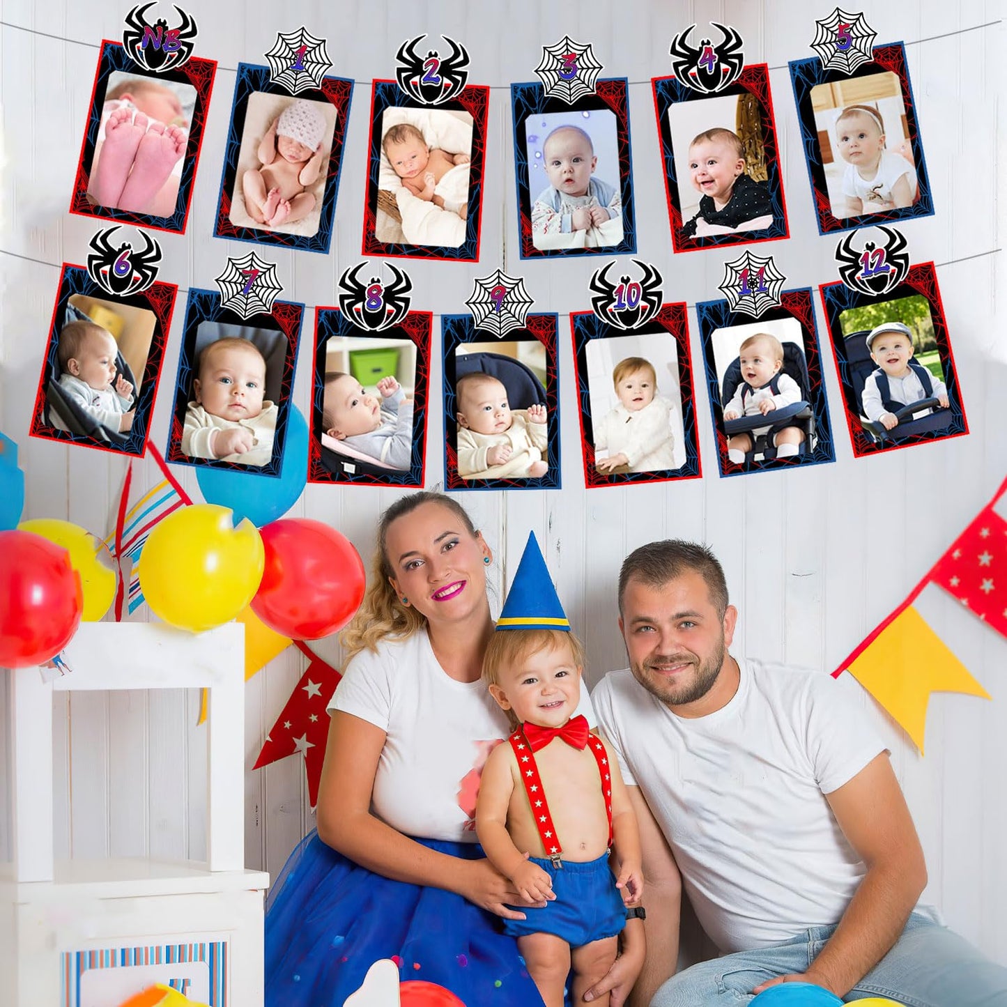 Spider 1st Birthday Party Decorations, Spider Web 12 Monthly Milestone Photo Banner Baby First Year Down Cartoon Spider Theme Photo Table Centerpiece for Boy Spider First Theme Party