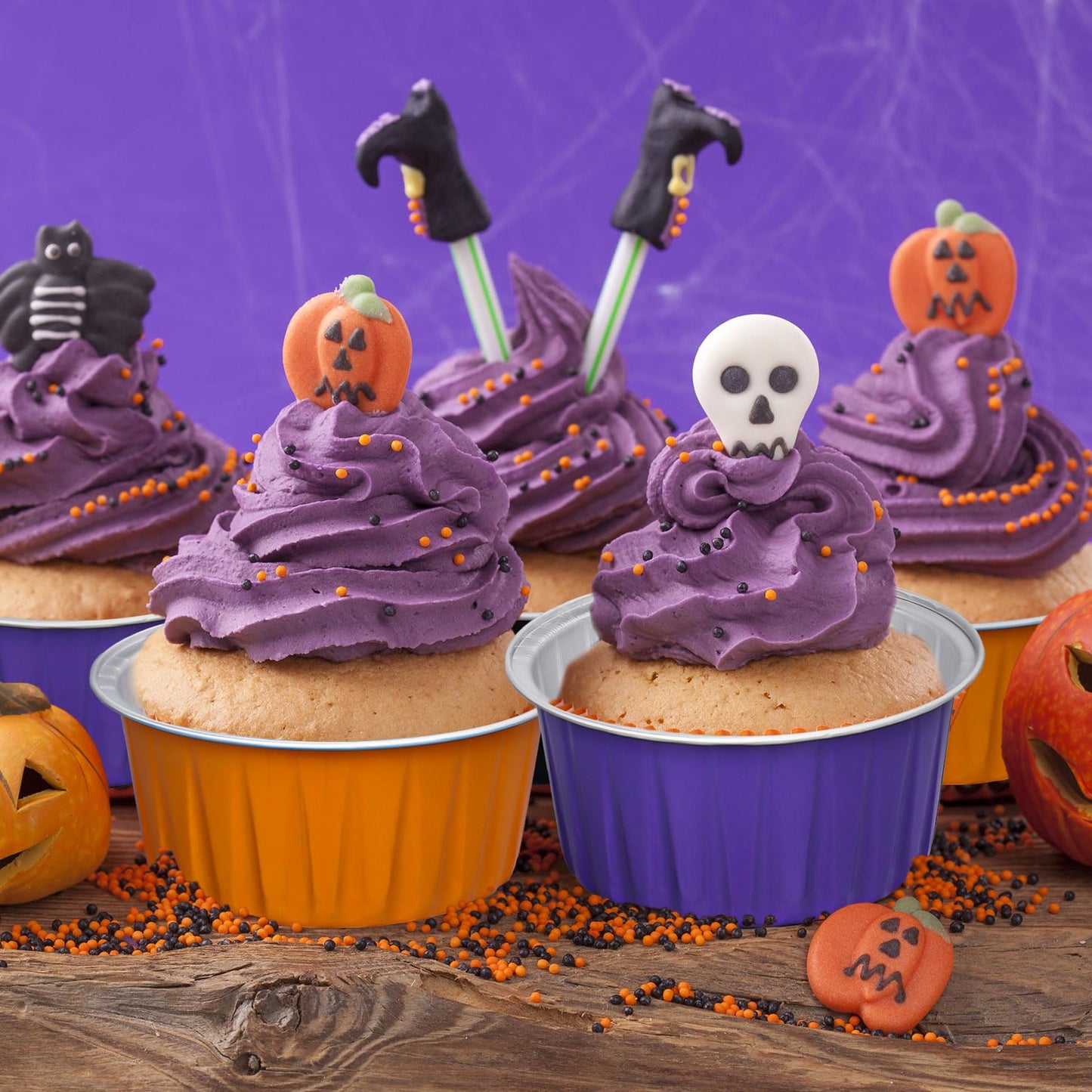 JarThenaAMCS 60Pcs Halloween Baking Cups with Lids Aluminum Foil Cupcake Holders Black Purple Orange Muffin Liners Wrappers Mini Cake Pans Ramekins Cups Dessert Containers for Party Supplies