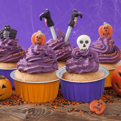 JarThenaAMCS 60Pcs Halloween Baking Cups with Lids Aluminum Foil Cupcake Holders Black Purple Orange Muffin Liners Wrappers Mini Cake Pans Ramekins Cups Dessert Containers for Party Supplies