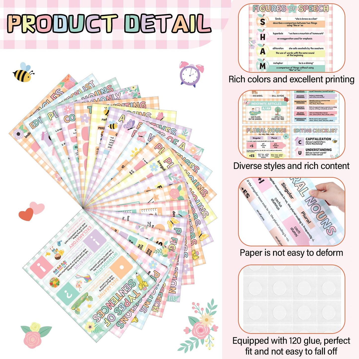 Humyoun 20 Pcs Parts of Speech Poster for Elementary Classroom Grammar Poster Educational English Class Must Have for Elementary Middle School Classroom Decor, 14x11 Inch (Pastel,Gingham)