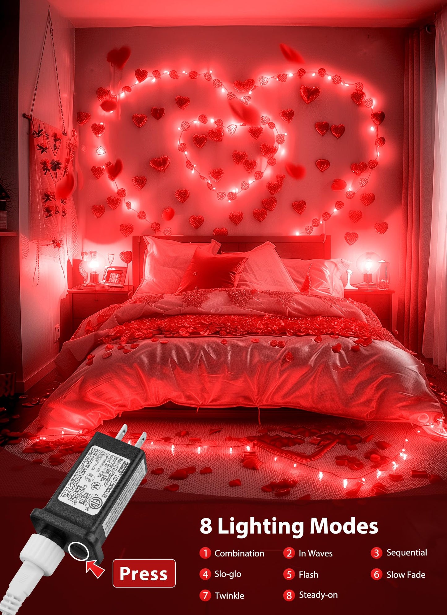 Minetom Red Mini Christmas Lights - 39 Feet 100 LED Fairy String Lights with 8 Lighting Modes Waterproof Connectable for Indoor Outdoor Xmas Tree Garland Wreath Holiday Valentine's Day Decoration