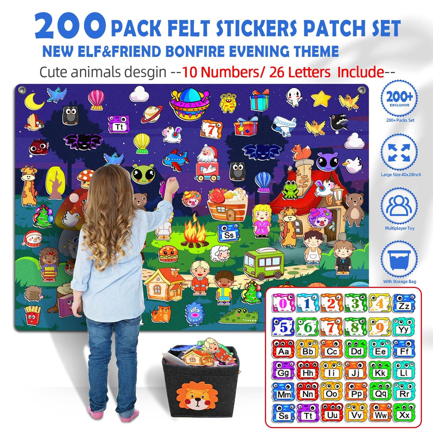200Pcs Felt Story Board Set with Storage Bag Preschool Teaching Wall Flannel Busy Board Bonfire Party Themed Early Learning Interactive Play Toys Wall Hanging Gift for Toddlers Kids 40 X 28 Inch