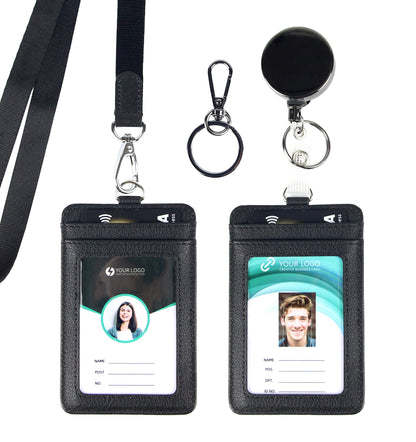 Walaufsti ID Badge Holder with Two ID Windows, 2 Pack Vertical PU Leather Badge Card Holder with 1 Heavy Duty Retractable Reel & 1 Lanyard & 1 Keychain Clip