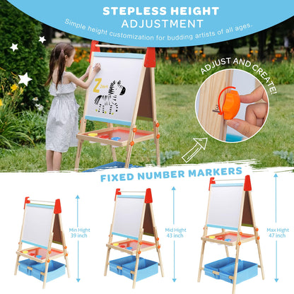 Bpmfkid 3 in 1 Adjustable Kids Art Drawing Easel Set-Sided Magnetic Whiteboard & Chalkboard with Painting Paper Roll - Versatile Art Station Gift for Toddlers, Kids and Childrens Ages 3+