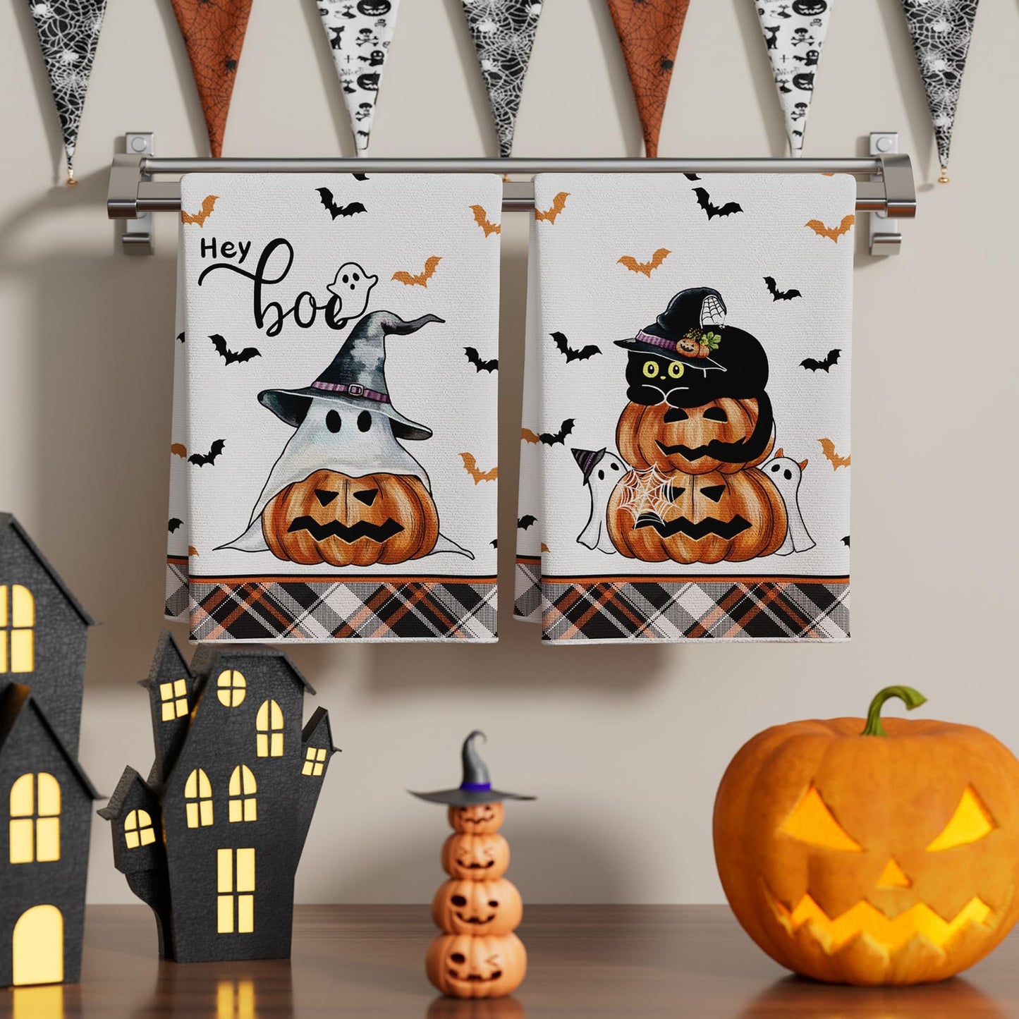 XCHI Halloween Boo Spooky Ghost Cat Kitchen Towels Dish Towels 18x26 Inch Home Kitchen Decorations Hand Towels Set of 2 Drying Dishcloth