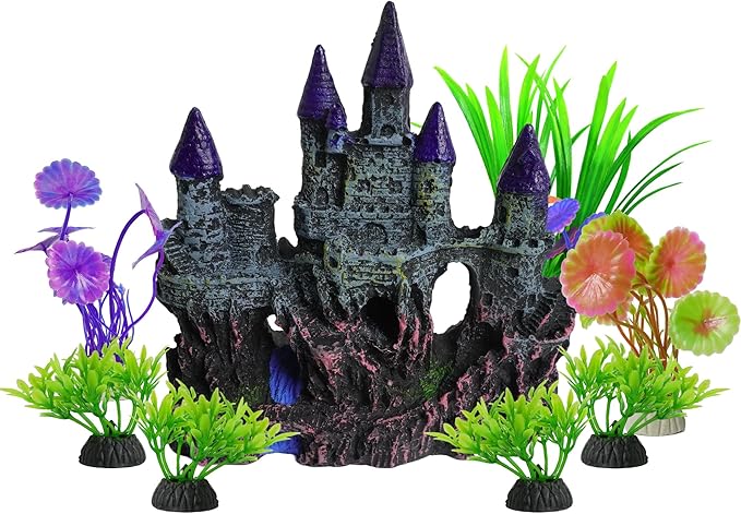 Aquarium Resin Castle Decor with 7 Pcs Artificial Plastic Plants, Fish Tank Decorations Accessories Set Landscaping Ornaments for Betta Guppies Shrimp Hideout Cave