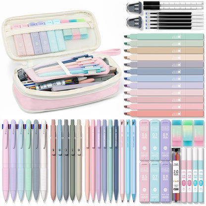Four Candies 56 PCS Stationery Set, Cute Storage Case with Supplies, 6 Multicolor Pens, 12 Pastel Highlighters, 5 Gel Pens Black Ink, 9 Mechanical Pencils for College Essentials Stuff (Pink)