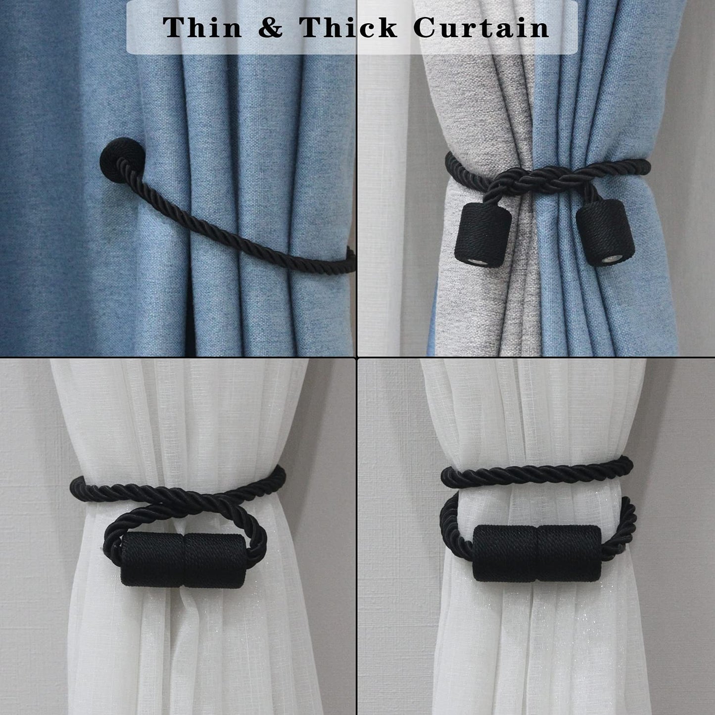 Porlau 4 Pack Strong Magnetic Curtain Tiebacks Outdoor Elegant Decorative Tie Backs Modern Rope Tiebacks for Drapes Window Curtain Holdbacks for Draperies- Black