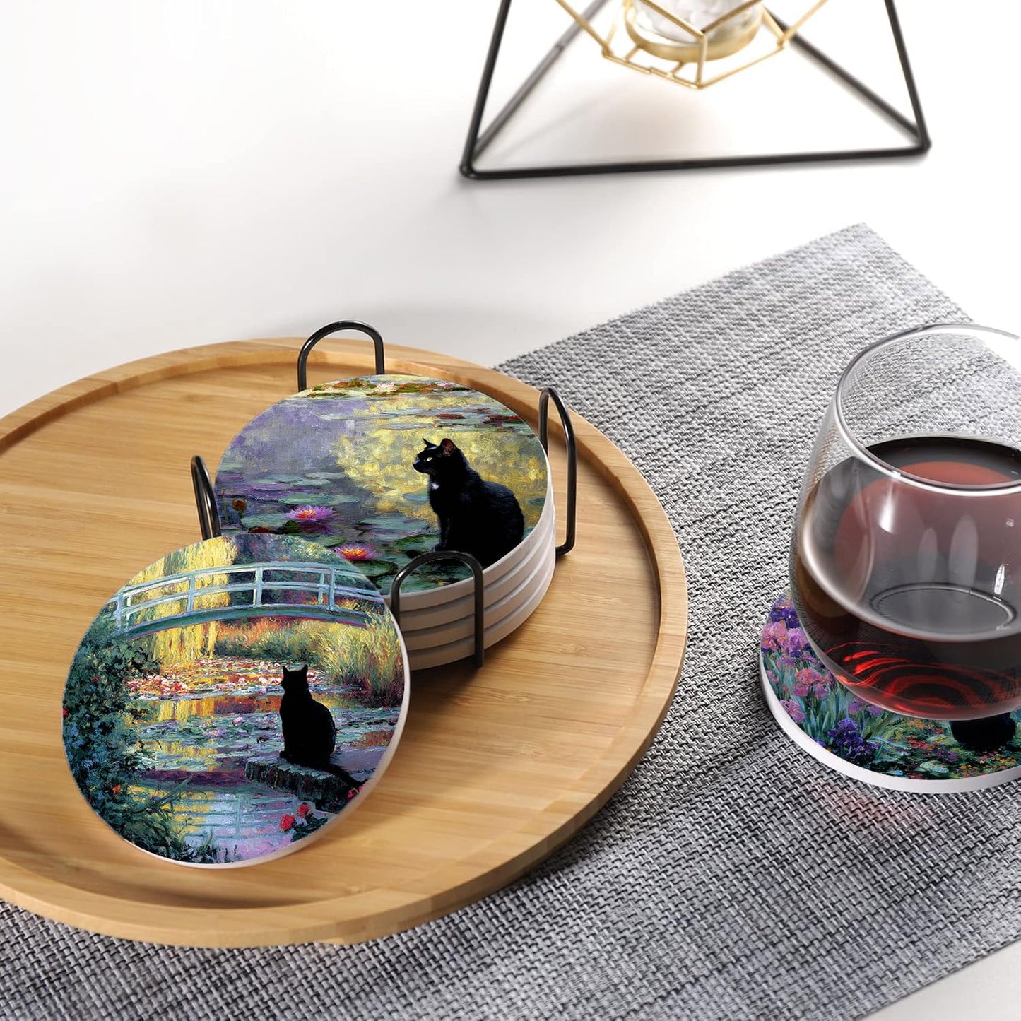 Drink Coasters for Drinks Set of 6, Water Lilies Art and Black Cat Absorbent Round Ceramic Stone Mat Coaster, with Cork Base and Metal Holder, Home Bar Decor House Warming Gift
