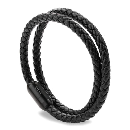 Globi Leather Bracelet For Men | Genuine Wrap Braided Leather Cuff Bangle Bracelet with Magnetic Stainless Steel Clasp For Men/Women (Black 7”)