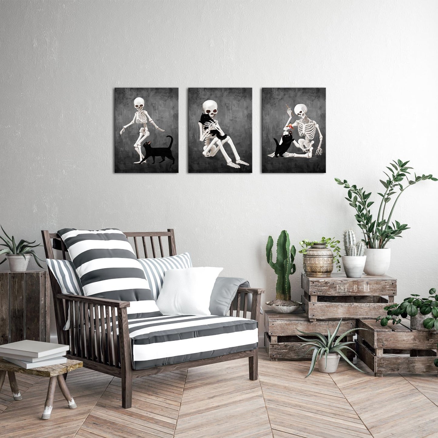 Kalormore Halloween Wall Decor Black and White Skeleton Canvas Wall Art Funny Skull with Cat Painting Prints The Day Of Dead Picture Framed Artwork Ready to Hang (12"x16"x3pcs)