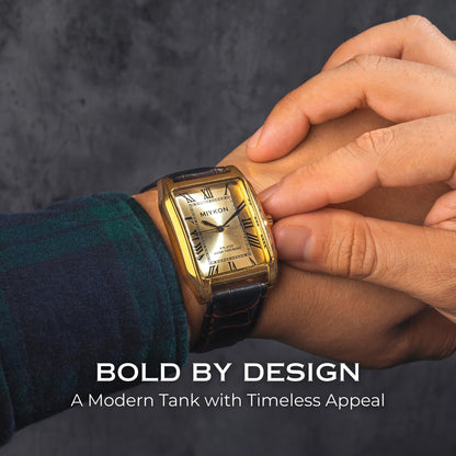 Miykon Vintage Watches for Men - Tank Square Gold Analog Watch with Brown Genuine Leather Wrist Strap for Classic Dress - Japanese Quartz, Waterproof to 100ft