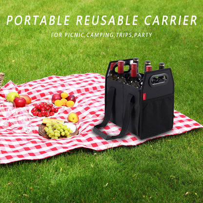 LUILANC 6 Bottle Wine Carrier Collapsible Reusable Portable Wine Bottle Carrier Case for Tote Bag Moving, Vacation Bottle Caddy Grocery Shopping Wine Tasting Accessory, Black