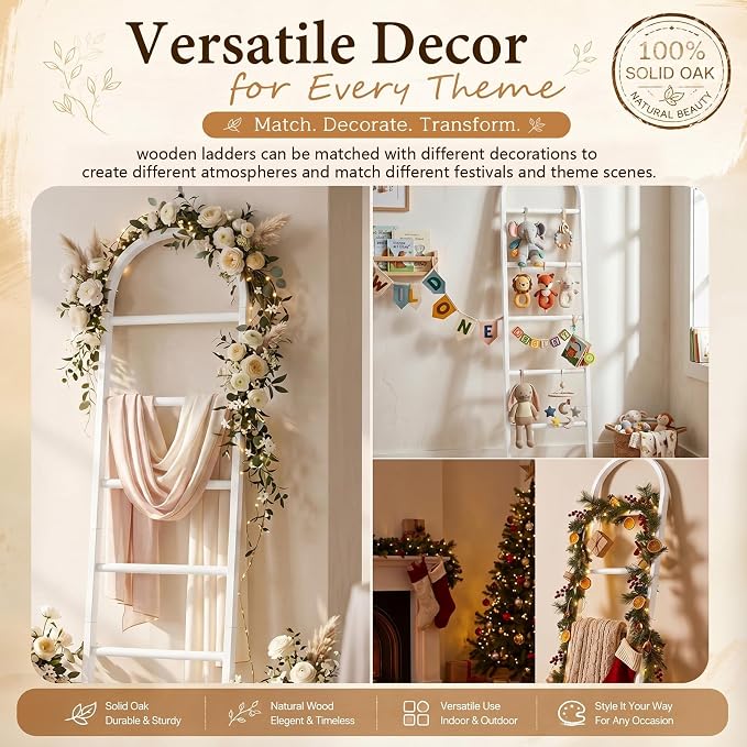 Sintuff Arched Blanket Ladder for Living Room, 5.5ft Wooden Blanket Rack, 5-Tier Natural Leaning Ladder Shelf for Farmhouse Bedroom Living Room Bathroom Decor(Arch,White)