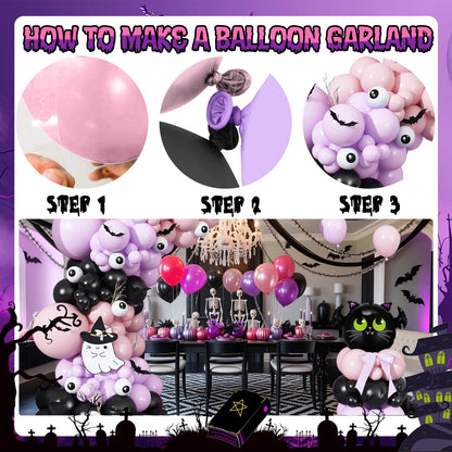 Halloween Balloon Garland Arch Kit, Light Pink Pastel Purple Black Spooky White Eyeball Latex Balloons with Scary 3D Bats Foil Balloon for Kid Halloween Party Decor Indoor Outdoor Backdrop Decorations