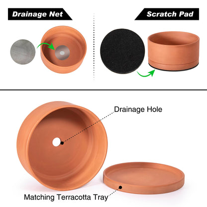 D'vine Dev 10 Inch Succulent Terracotta Shallow Pot with Drainage Hole and Saucer, Round Cylinder Planter Pot for Plant Flower, 40-Y-B-0