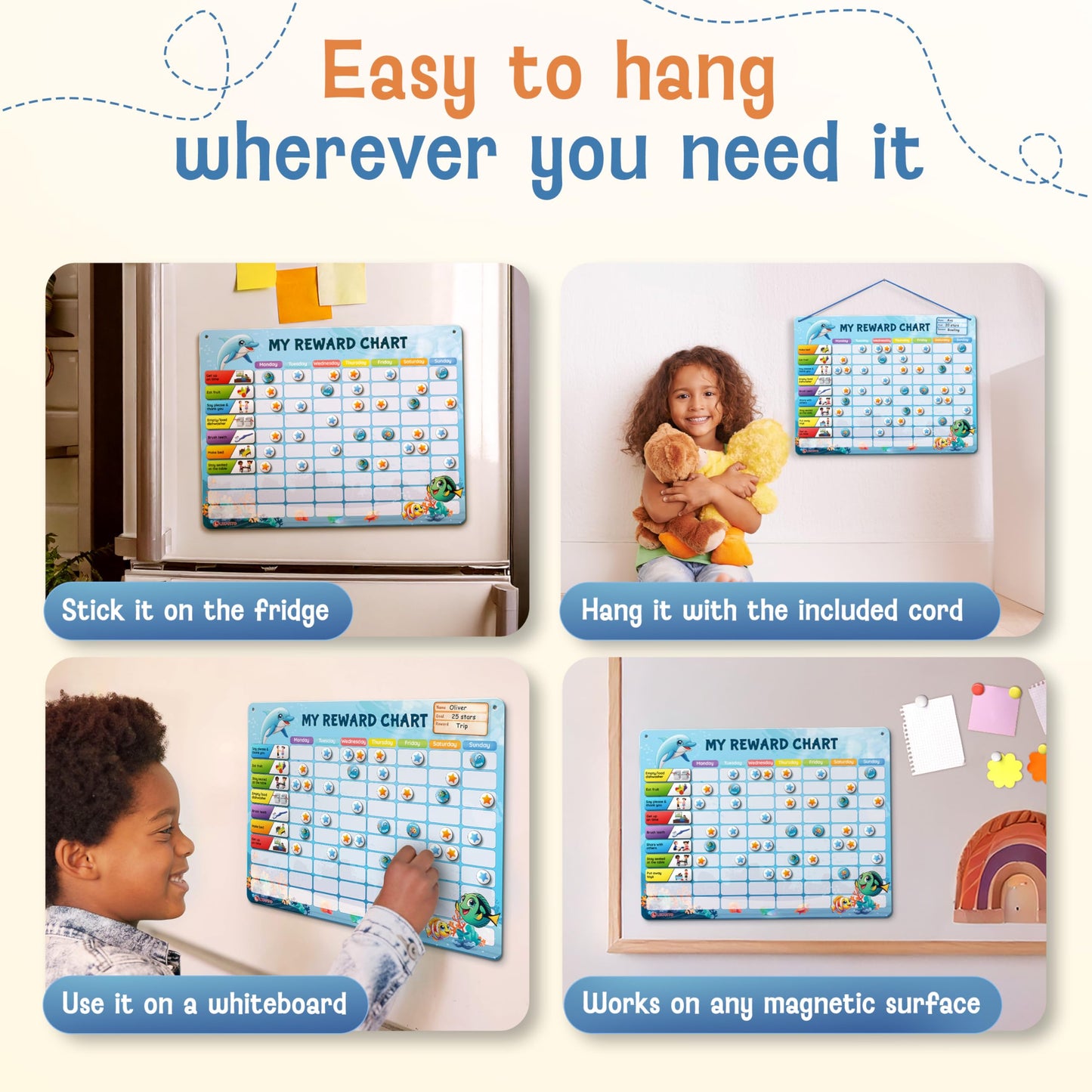 LIKARTO Magnetic Reward Chart for Kids with 280 Magnets - Behavior Chart for Kids at Home - Responsibility Reward Chart - Chore Chart - Visual Schedule - Ideal for Ages 3-9, Autism, ADHD - Blue