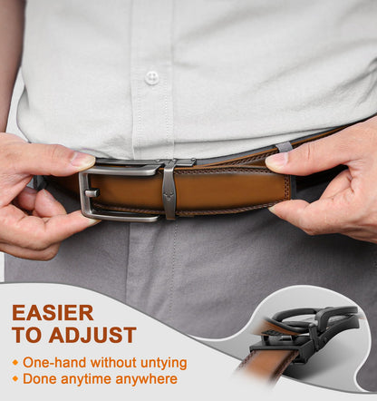 BULLIANT Men Ratchet Belt 2 Pack, Click Sliding Leather Belt Adjustable for Gift Men Dress Casual Jeans 1 3/8,Cut for Fit(Black/Tawny,32"-38" Waist Adjustable)