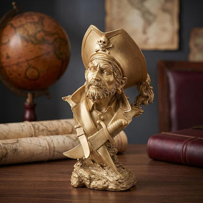 H&W Golden Pirate Figurines - Buccaneer Francis Drake Statue Decoration for Home/Study/Living Room, Great Collectible Figurines, Best Gift for The Man, Sandstone Color (HH17-D5)
