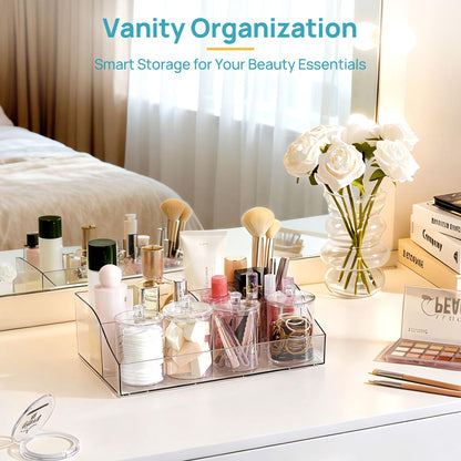 Vtopmart 6 PCS Bathroom Countertop Organizer, 1 Divided Tray with 4 Qtip Holder Jars and 1 Drawers, Restroom Clear Organizers for Toothbrush, Cotton Pads, Vanity Accessories Storage Set
