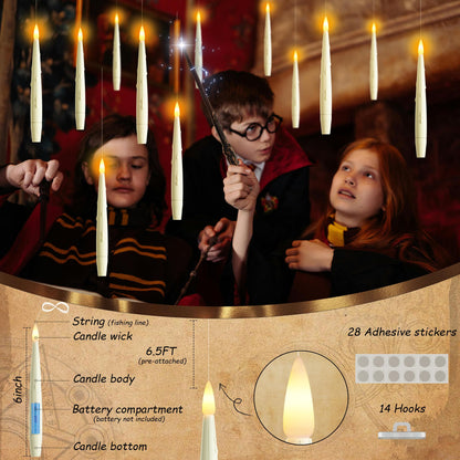 AFINETH Flameless Floating Candles with Wand, Magic Hanging LED Candles, Ivory Battery Operated Electric Taper Candles for Halloween, Christmas, Birthday Parties, 12 PCS
