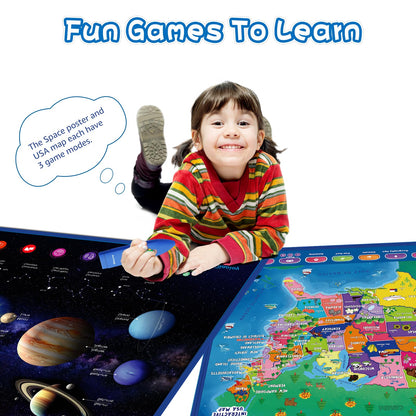 Bilingual Interactive for Kids Talking USA Map Solar System Poster for Kids Learning and Educational Toys,Talking Educational Toy for Ages 3 to 12 Years Old Girls/Boys,Learning Chart for Preschool
