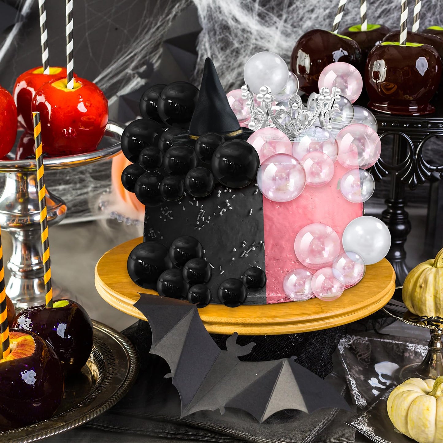 Geelin 42pcs Witch Theme Party Supplies Black Balloons Cake Topper Mini Balloons, Silver Plastic Crown and Black Women Witch Hat Fantasy Decoration Balls for Birthday Cake Decoration