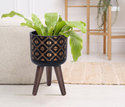 D'vine Dev 8 Inch Planter Pot with Stand, Mid-Century Tall Plant Pot with Legs for Indoor Plants, Small, Bronze/Black, 88-G-A-6