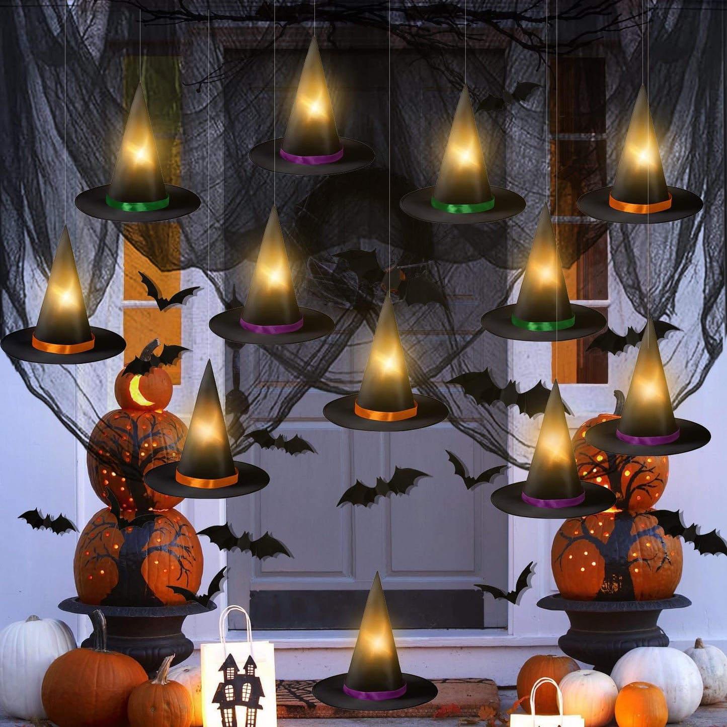Halloween Hanging Witch Hats Decorations - 12PCS Black Witch Hats with Lights DIY Floating Witch Hats with 28PCS 3D Bats and Creepy Cloth for Halloween Porch Tree Party Decorations